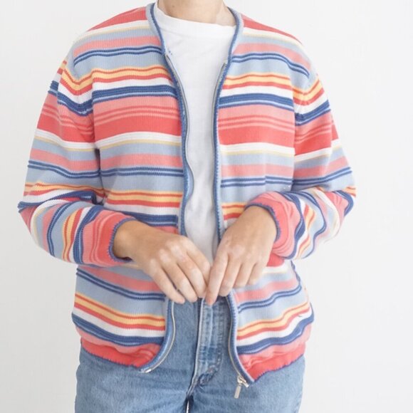 Vintage Tabi Pink Blue Stripes Zip Up Cardigan Sweater L - Picture 2 of 10